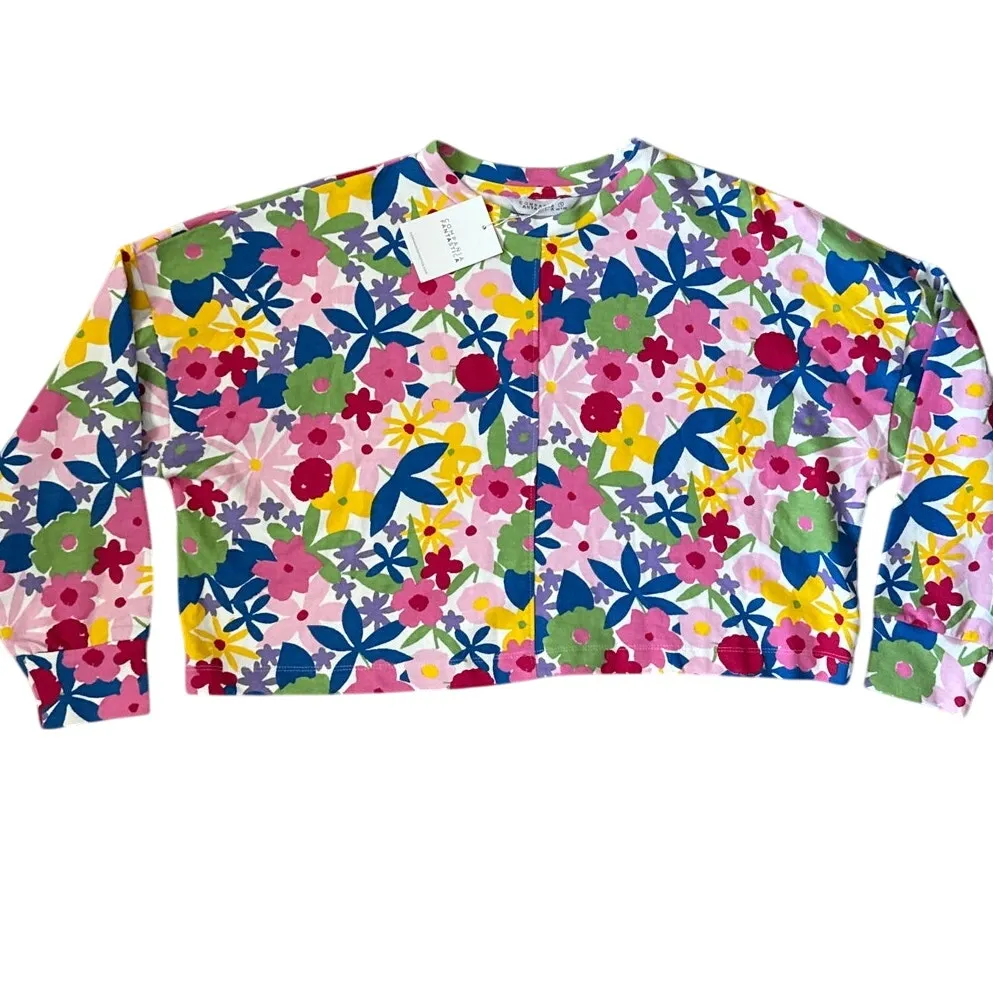Compania Fantastica Colorful Floral Cotton Oversized Cropped Sweater Size Small Pink - Image 9