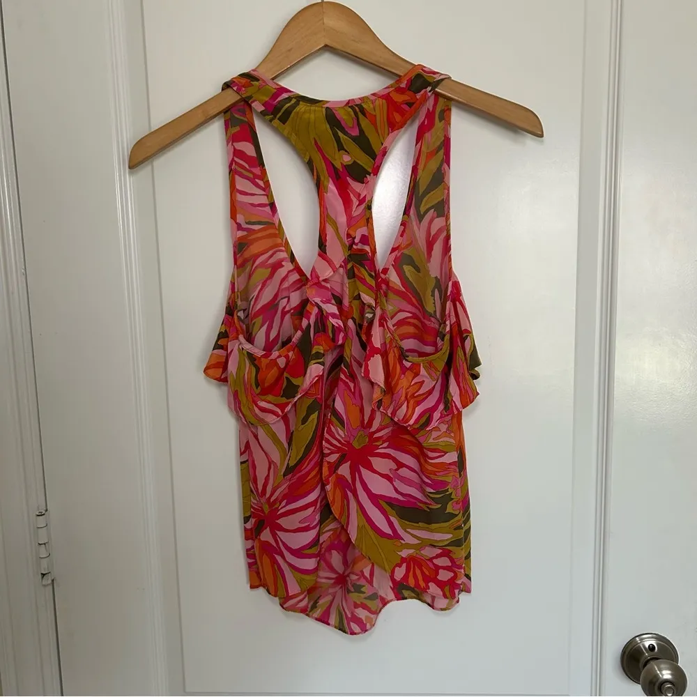 Alice & Trixie Women's Pink Floral Silk Ruffle Racerback‎ Tank Top Small - Image 4