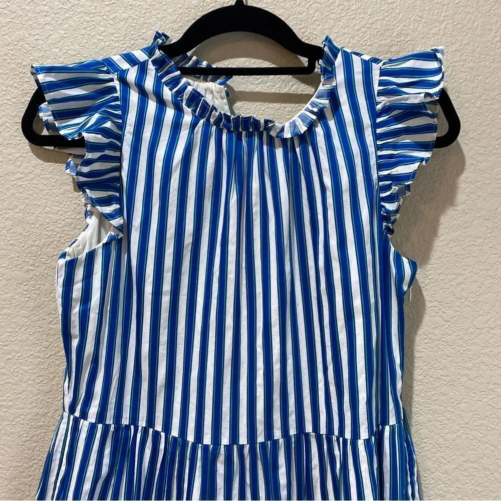J. CREW Tiered Cotton Dobby Dress in Cape Stripe Ivory Cove Size Extra Small - Image 4