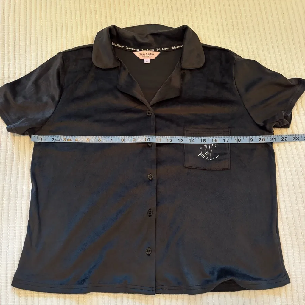 Juicy Couture Black Velour Button Up Sleepwear Top Stud Bling Juicy Back Size L - Image 11
