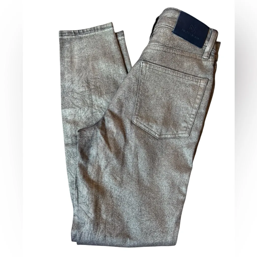 Lauren Ralph Lauren Black Label Luxury Metallic Gold Wax Denim Skinny Jeans Size 0 - Image 2