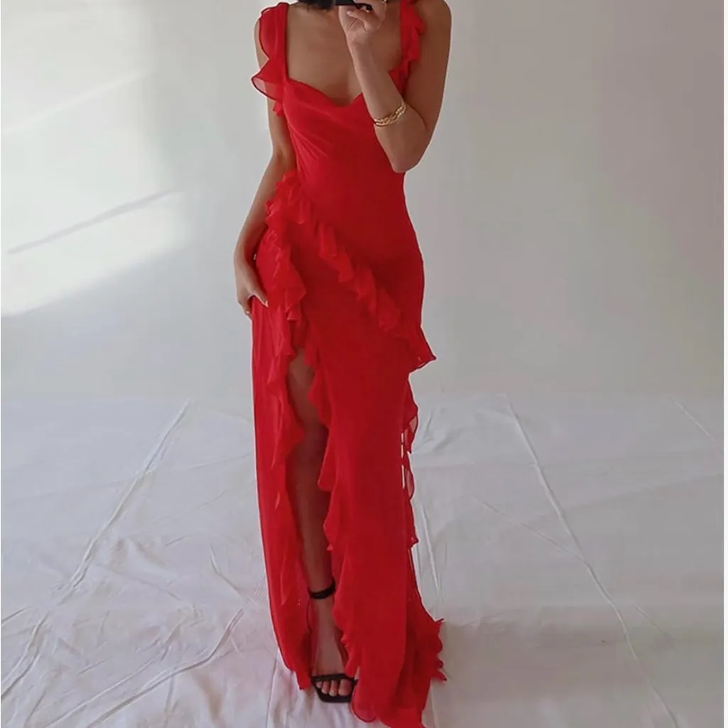NEW Red High Slit Ruffle Bodycon Maxi Wedding Party Prom Dress XL - Image 6