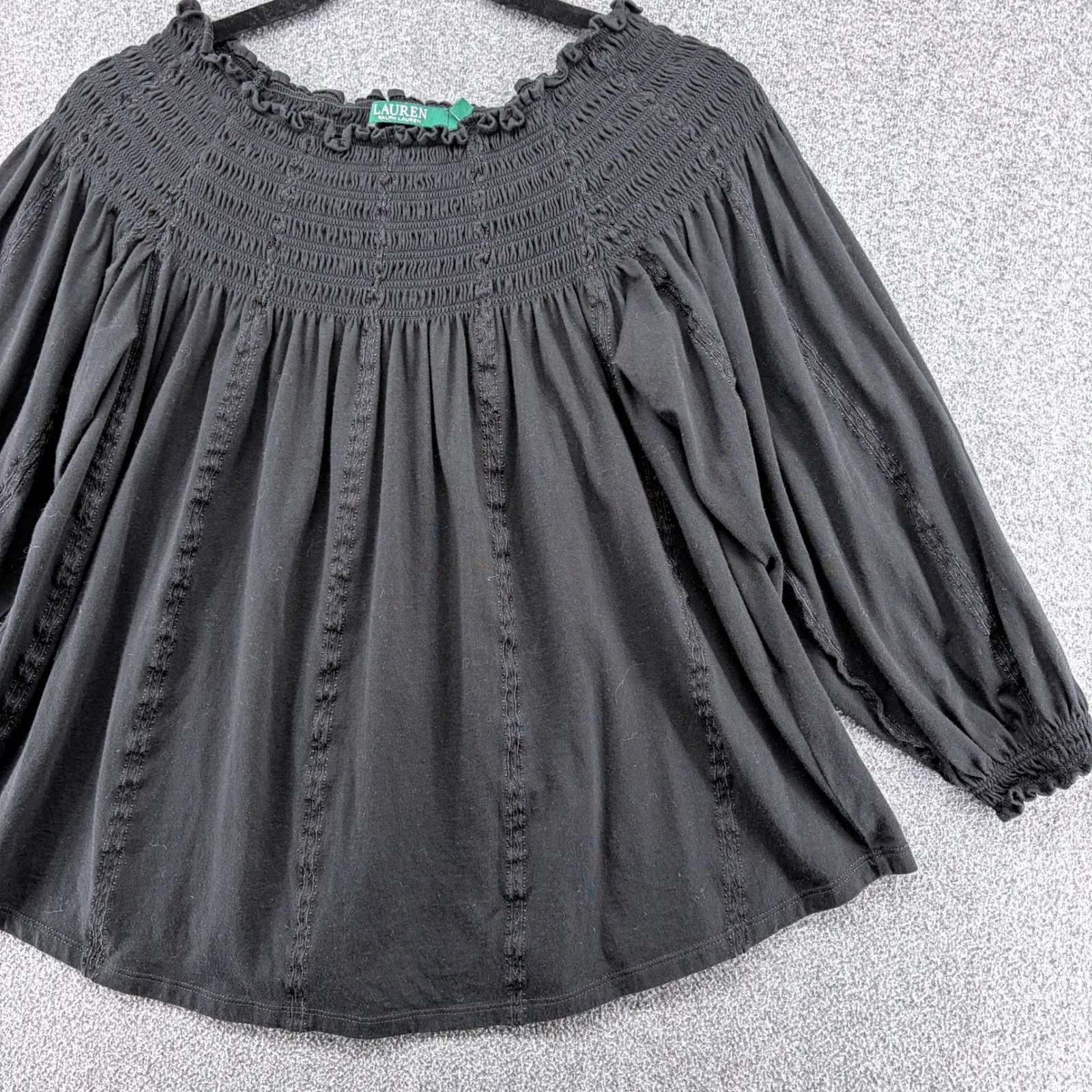 Lauren Ralph Lauren Black Smock Off Shoulder Cotton Modal Long Sleeve Top Large - Image 4