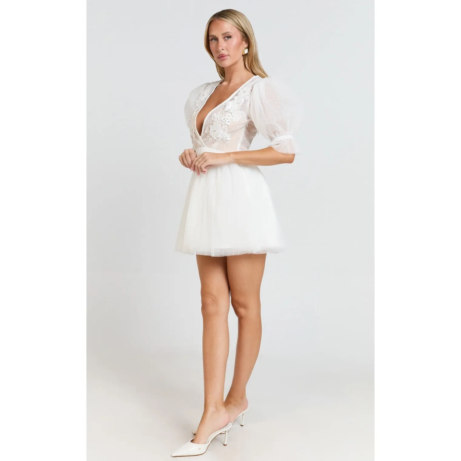 Showpo Akshia Mini Dress Puff Sleeve Floral Detail Plunge Neck White Size 8 Size M - Image 2