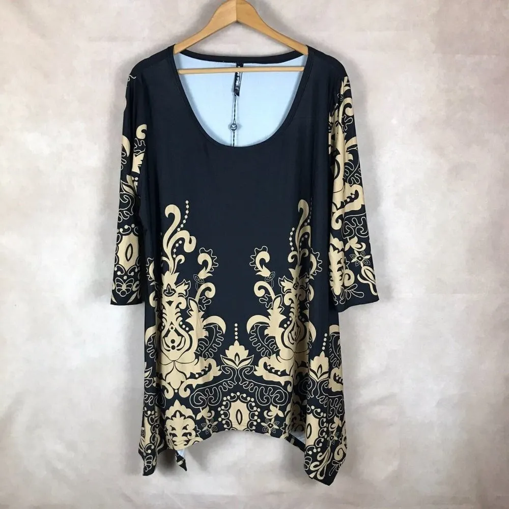 WHITE MARK 3/4 Sleeve Asymmetrical Black Printed Tunic NWT 1XL Size 1X - Image 3