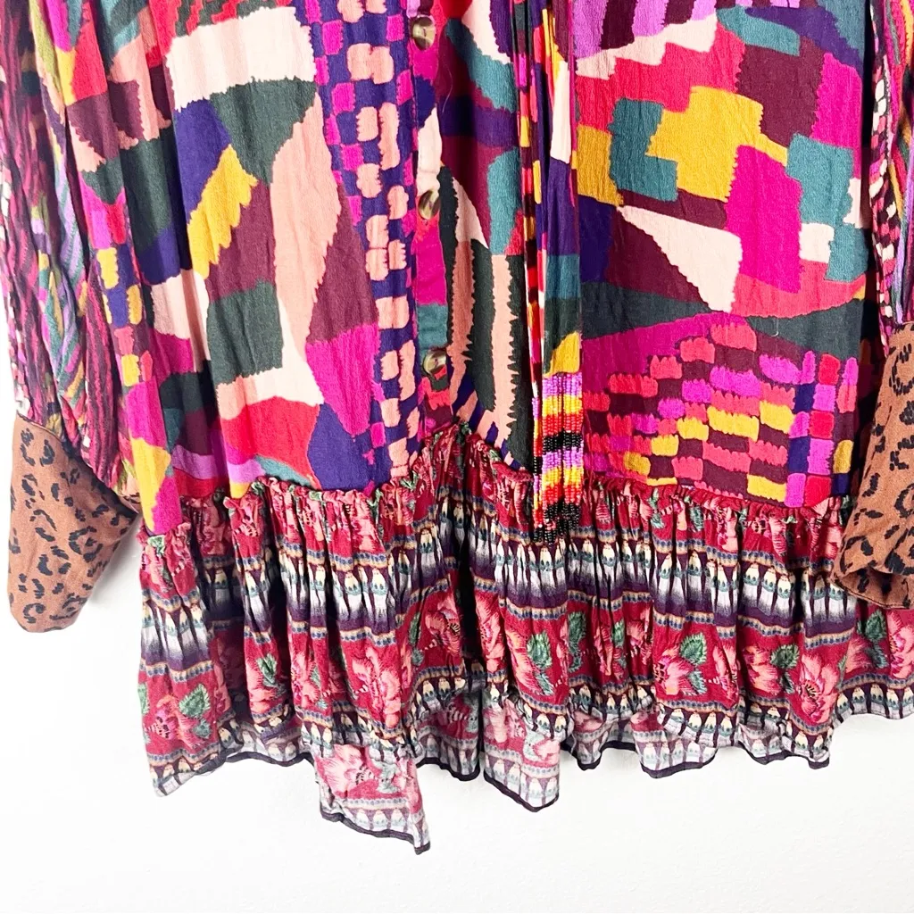 FARM RIO Long Sleeves Mixed Abstract Patches Button Front Mini Dress Size Small - Image 9