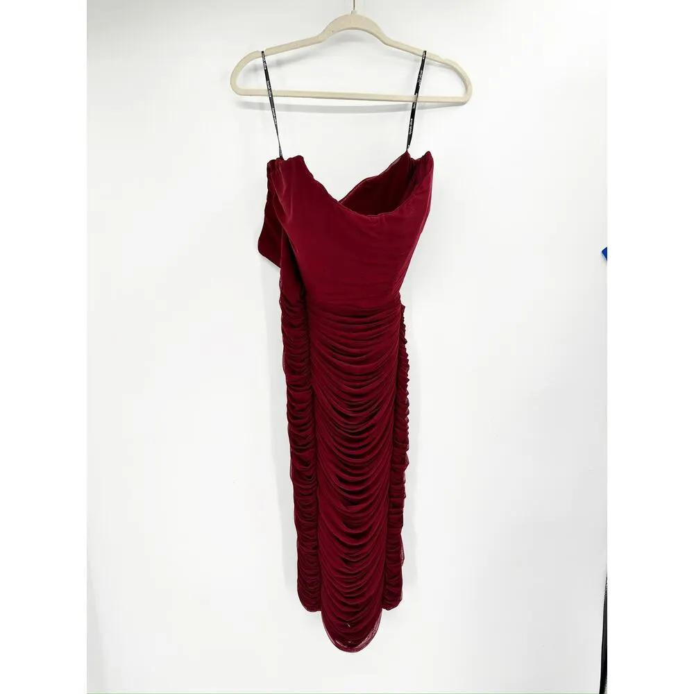 Lavish Alice Mesh Corset Ruched Strapless Midi Dress in Burgundy Red Size 18 - Image 3