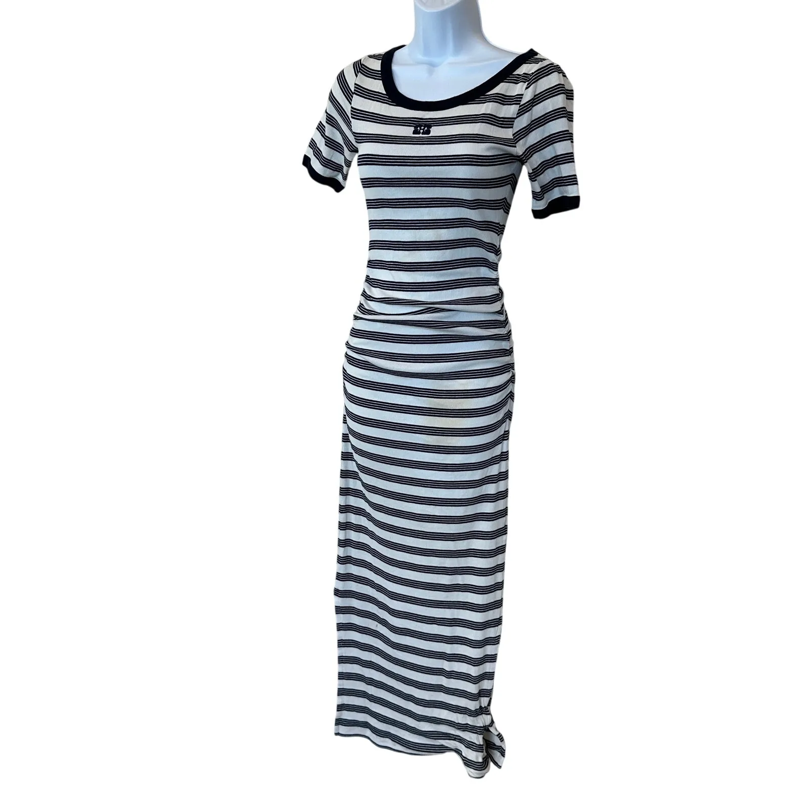 Ganni Blue White Striped T-Shirt Dress SMALL Ruched Ribbed Knit Designer $325 - Image 8
