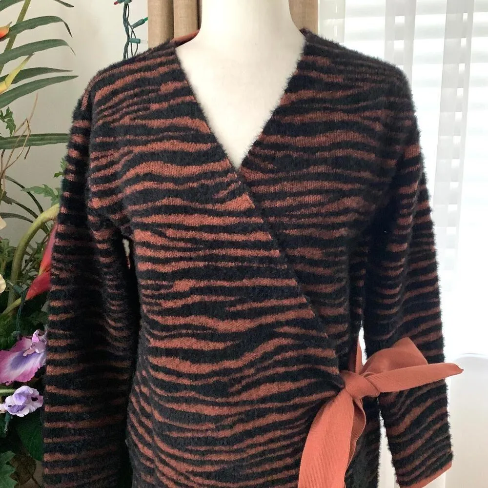 NEW JOA Zebra Print Fuzzy Long Wrap Cardigan Duster in Black / Brown - Image 3