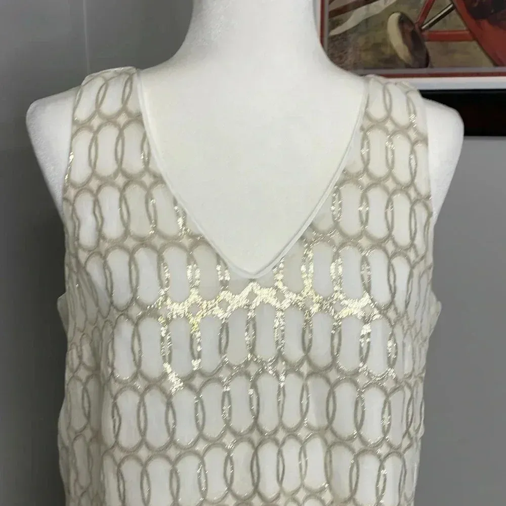 White House Black Market Gold & White Metallic Abstract Silk Top Medium - Image 2