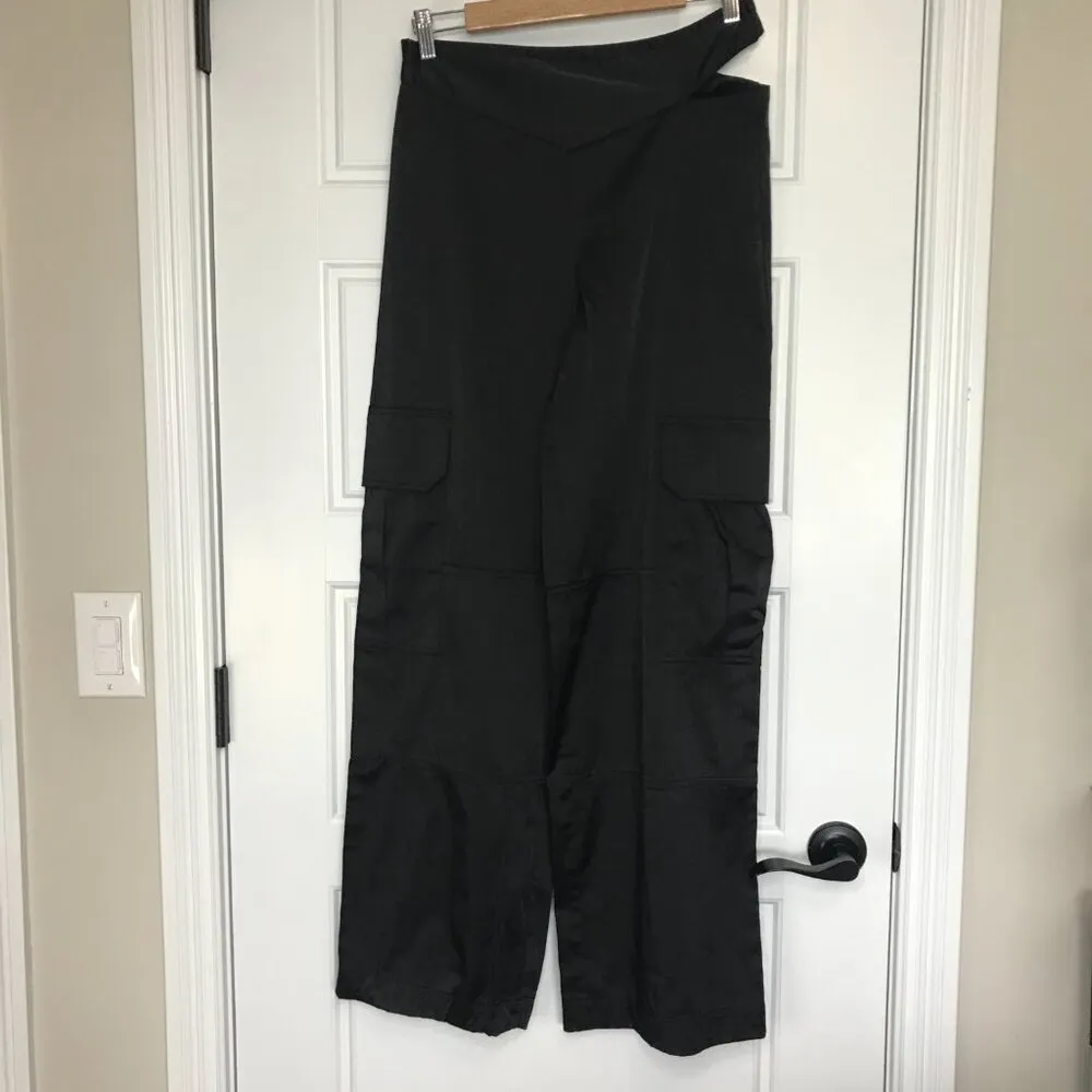 Zara Satin Cargo Pants Women's Size S High Rise Black Slit Hip Straight Leg FLAW - Image 6