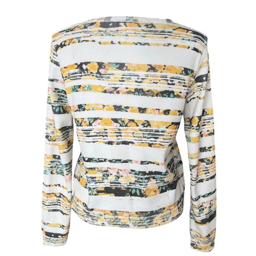 Moth Anthropologie Yellow Floral Striped Sweater Women's Size S/P Front Zip Knit White - Image 5