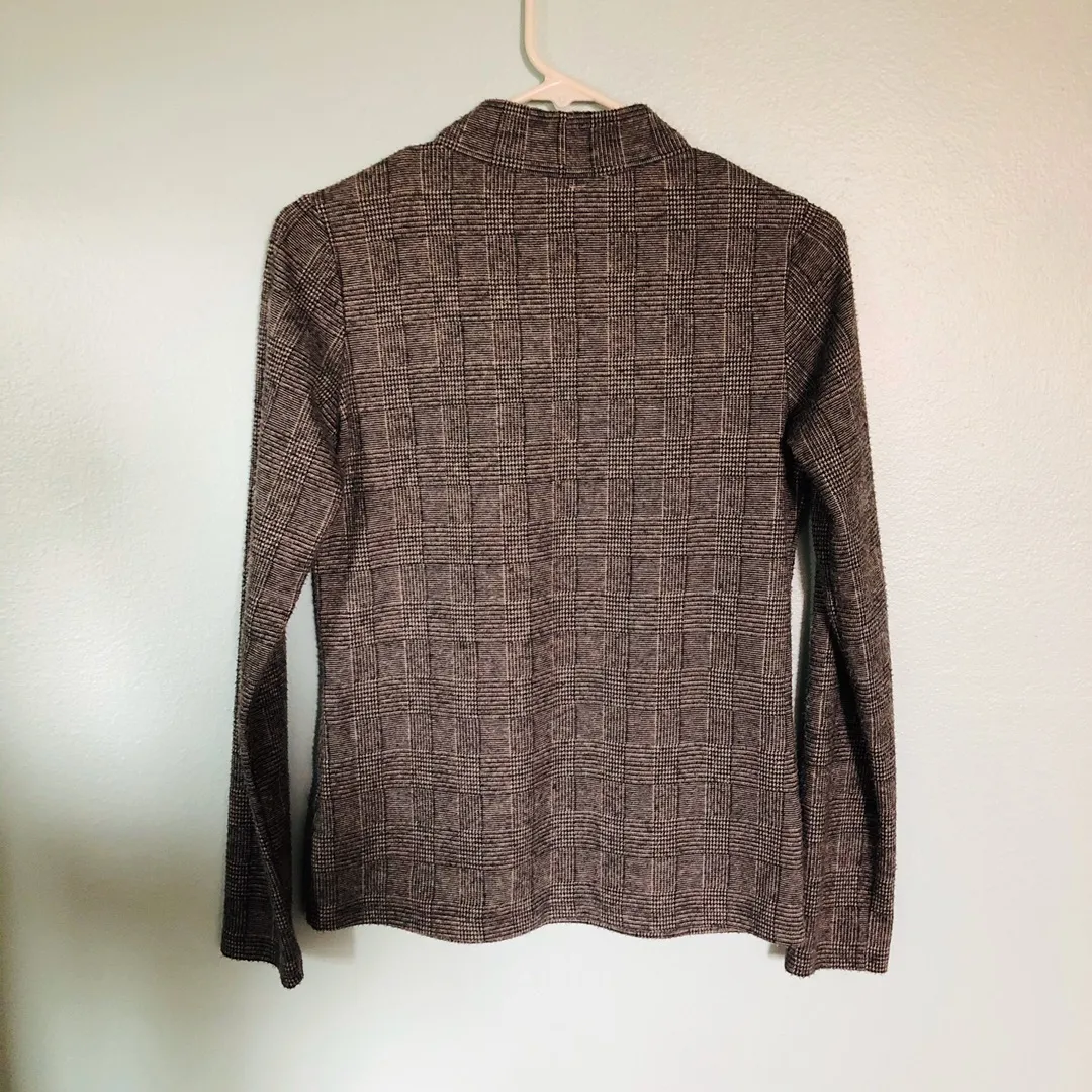 Grey fuzzy plaid mock neck long sleeve top - Image 2