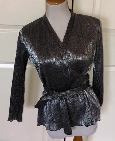 ZARA Basic Silver Long Sleeve Wrap Top - Image 3