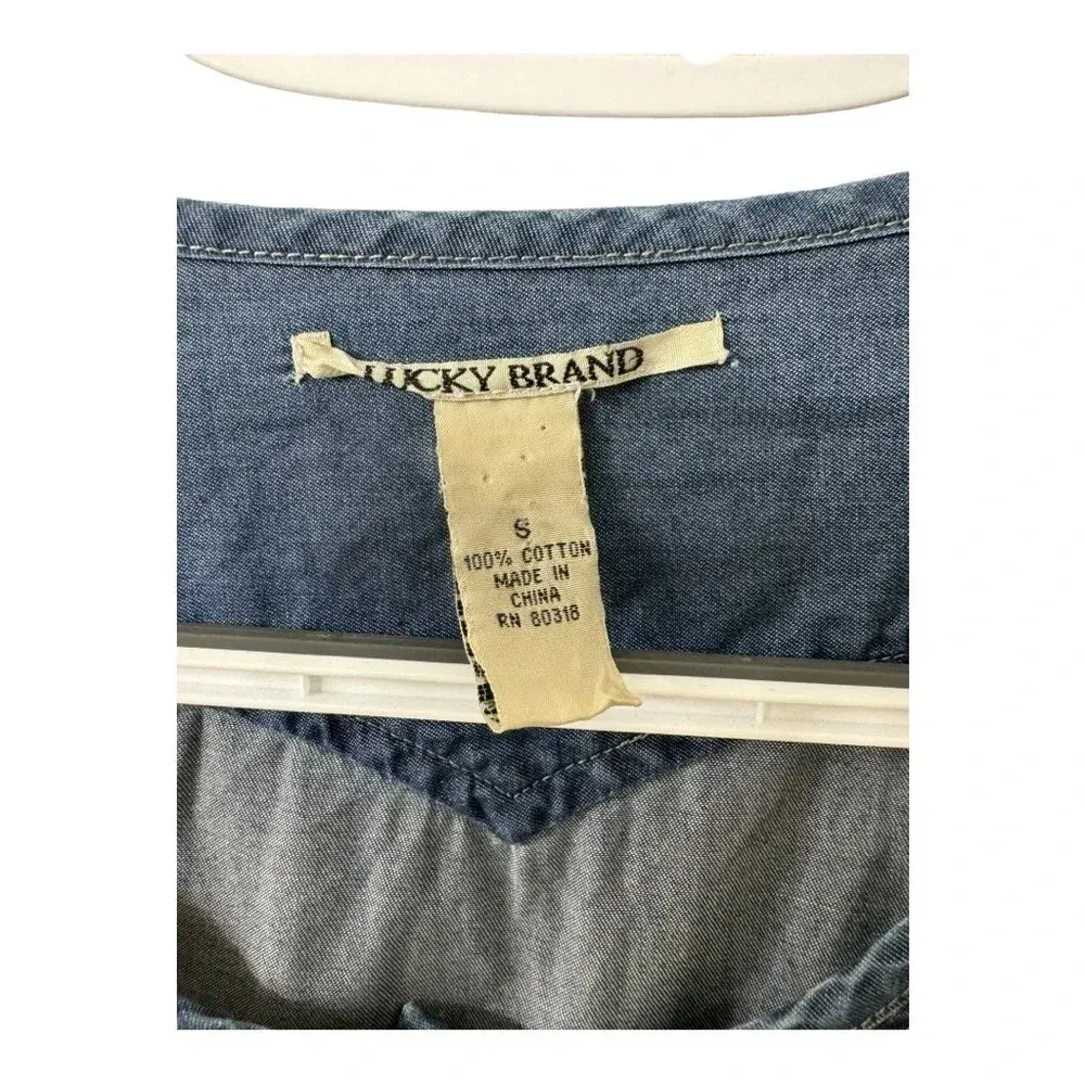 Lucky Brand Denim Longsleeve Ruffled Cotton Western‎ Style Top Pearl Buttons S - Image 5