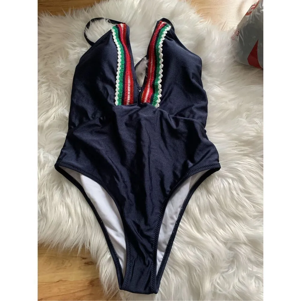 Cupshe Womens small Swimsuit One Piece V Neck Crocheted Trim Navy Blue Strappy - Image 5