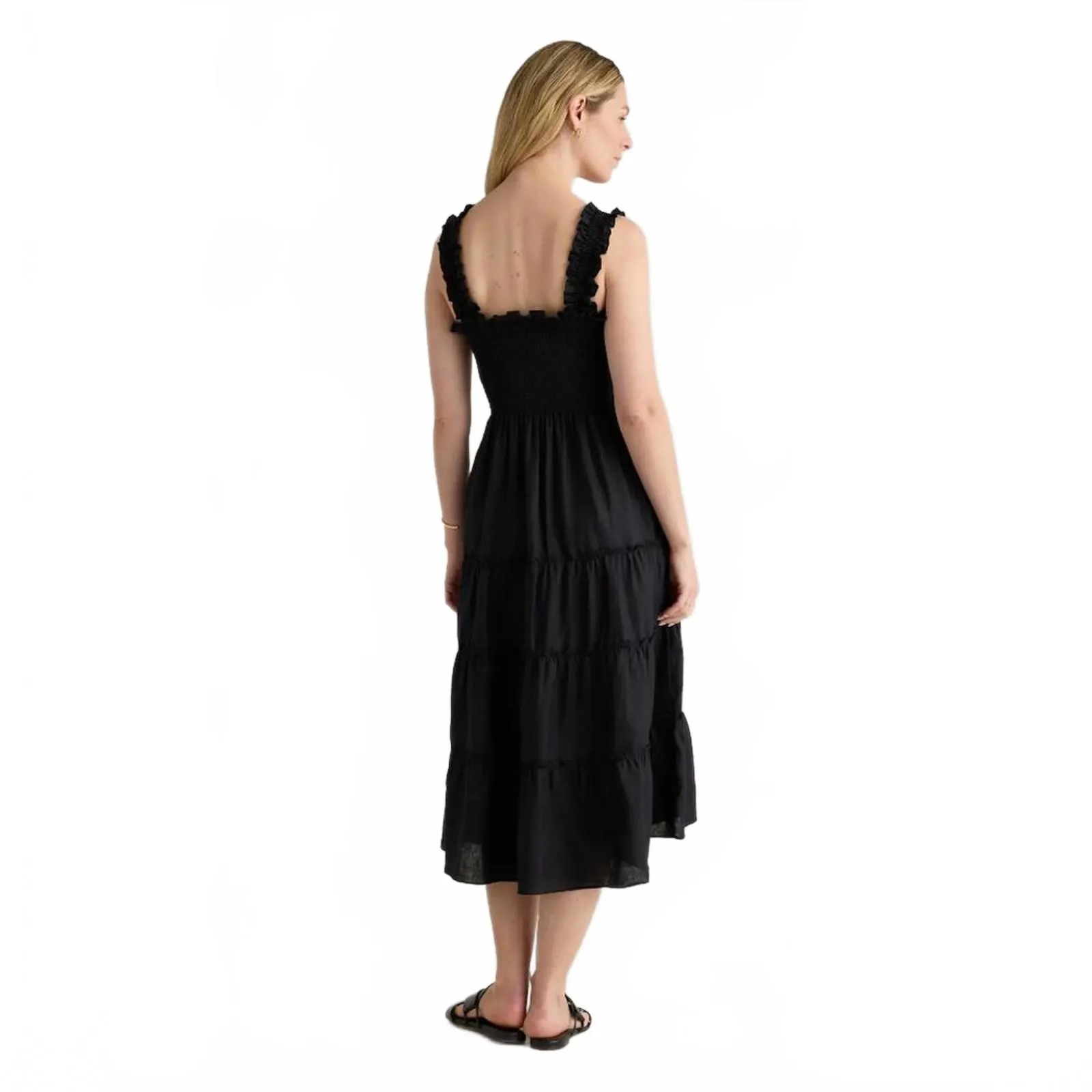 Quince 100% European Linen Smocked Midi Dress Tiered Black Women's Size Small - Image 2