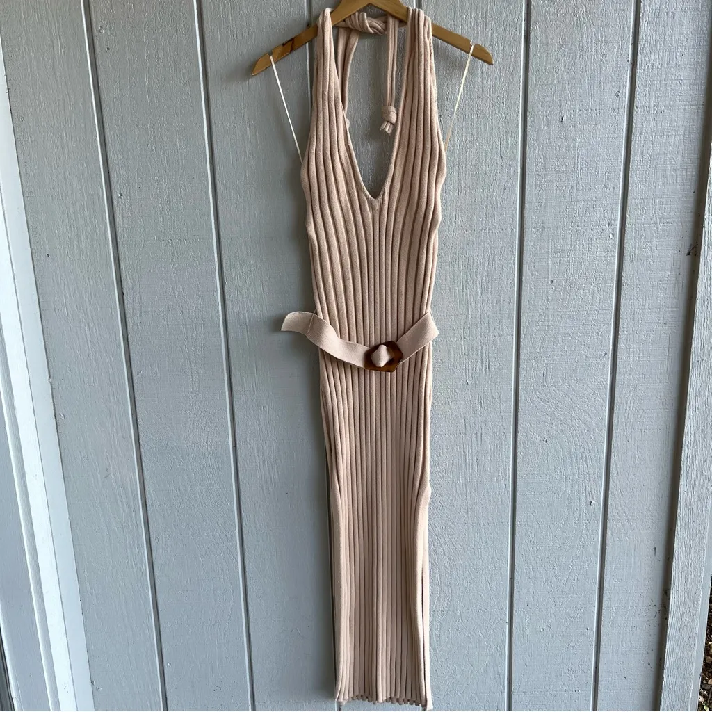 NICHOLAS Plunge Neck Ribbed Cotton Knit Dress Neutral Beige Size M Tan Size M - Image 2