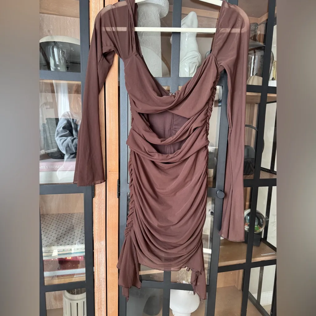 Oh Polly ruched bodycon dress Twist Cut Out Long Sleeve Mini chocolate mesh - Image 2