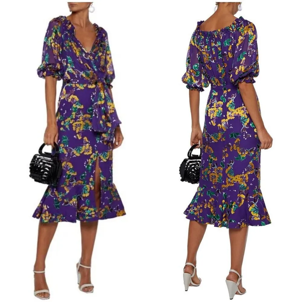 💕SALONI💕 Olivia Floral Printed Silk Midi Dress ~ Violet Sweetpeas US 4 Purple - Image 8