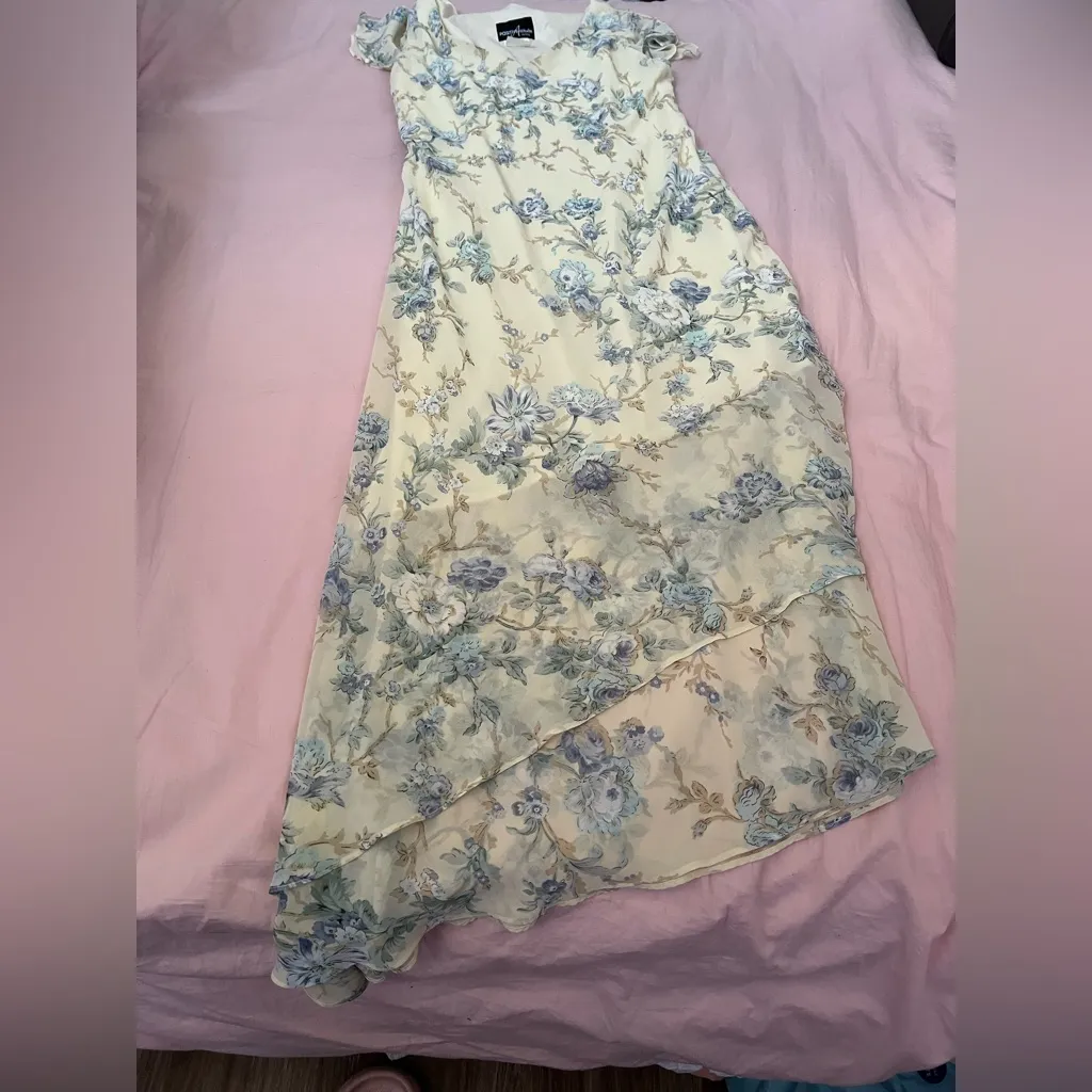 Vintage Cream and Blue Floral Asymmetrical Fairy Dress Size 10P - Image 3