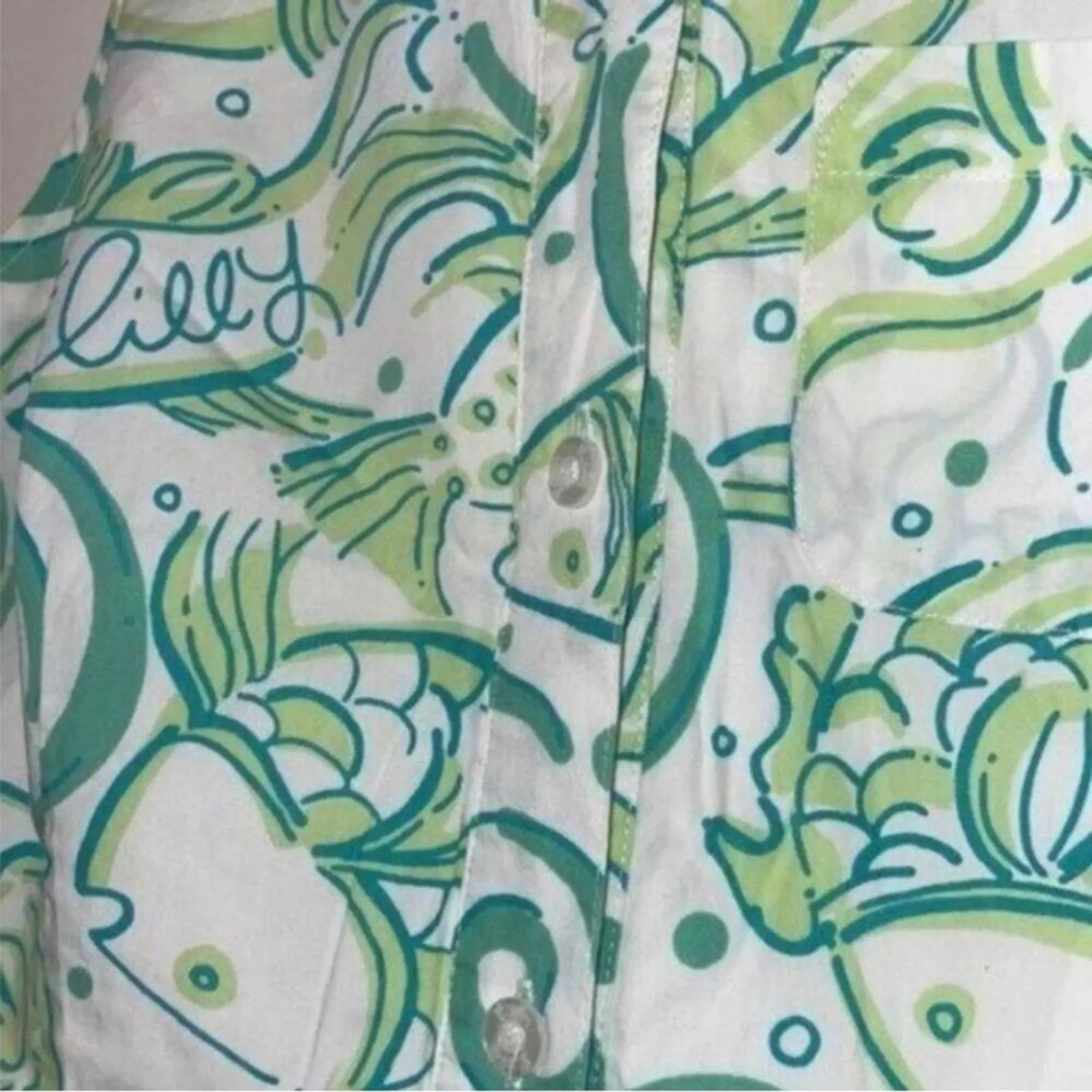 ✅Lilly Pulitzer Green Sleeveless Collared Koi Fish Button Up Dress - Image 4