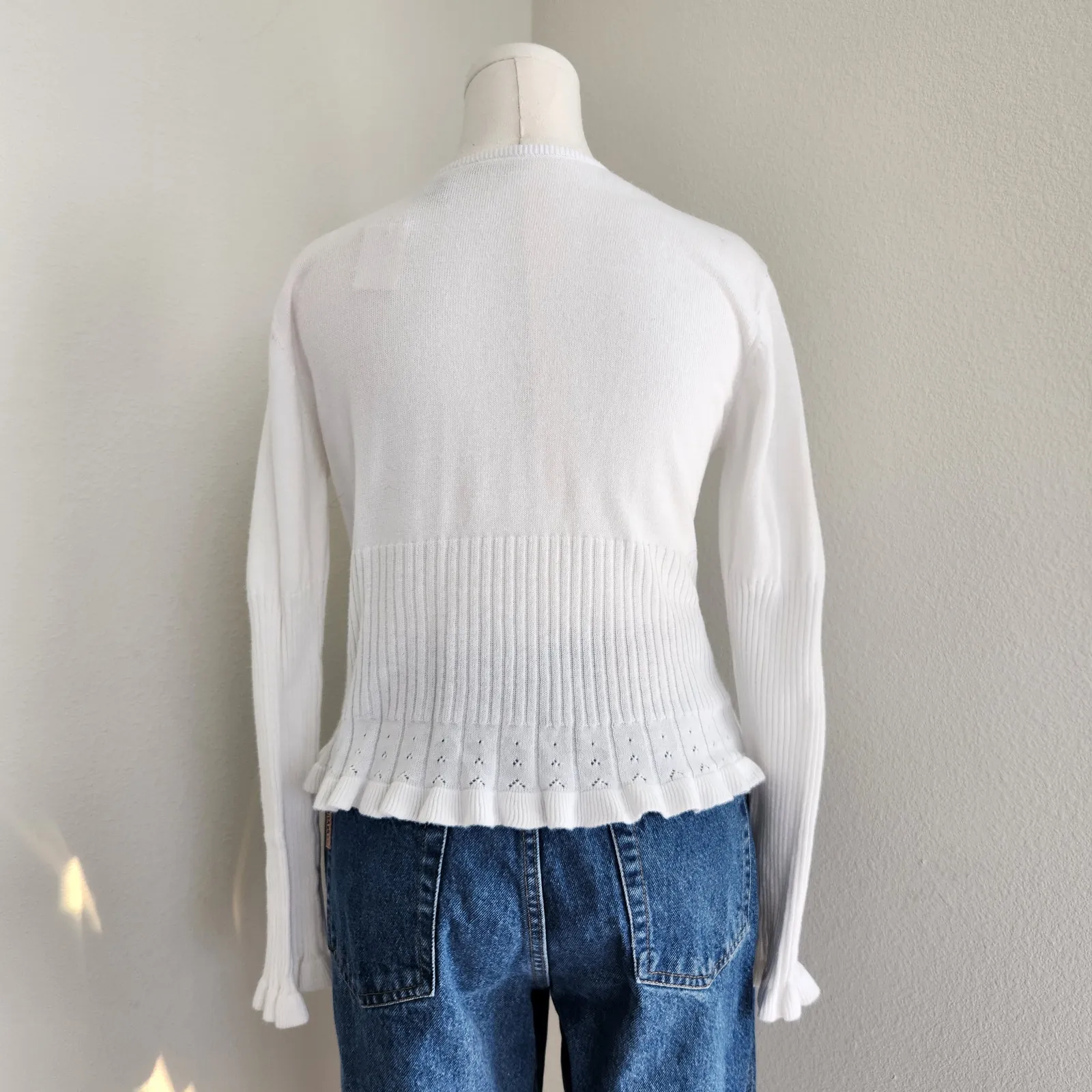 Vintage White Stag White Tie Front Knit Cardigan Long Sleeve Scallop Hem L - Image 7