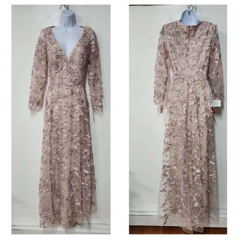 Mac Duggal FLORAL APPLIQUE LONG SLEEVE ILLUSION GOWNR $398 size 4 - Image 6