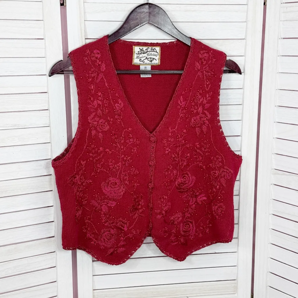Vintage 90s Heirloom Collectibles Embroidered Beaded Sweater Vest Red Medium - Image 7