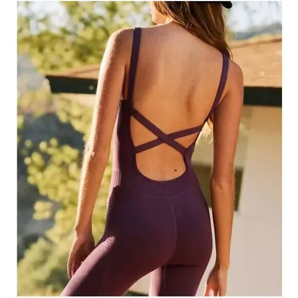 Free People Movement‎ Plum Seamless Bodysuit Jumpsuit Leggings Athleisure Size M Purple - Image 2