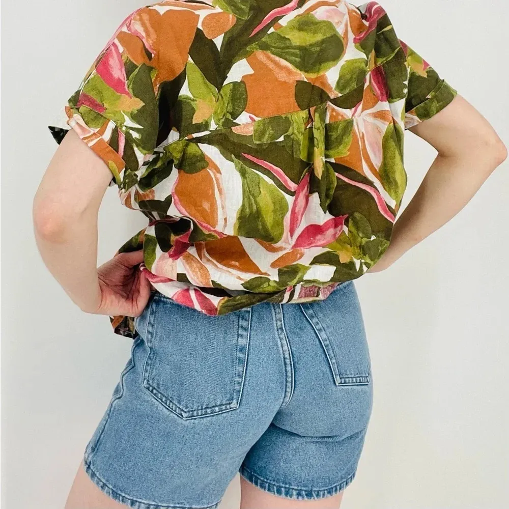 rachel zoe 100% linen button down top clementine orange and palm frond green L - Image 4