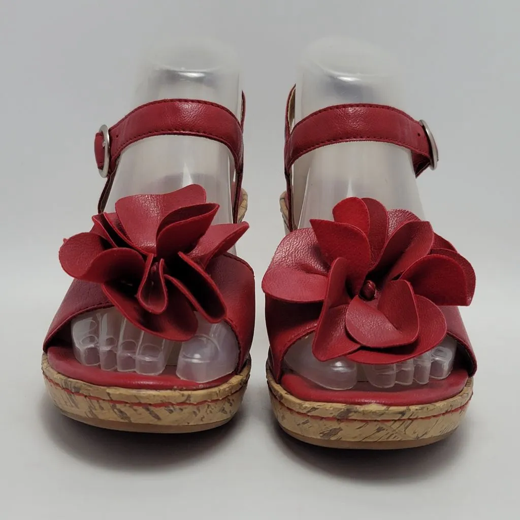 Women's Jaclyn Smith Red Faux Leather Flower Cork Wedge Sandals Size 7M - Image 10
