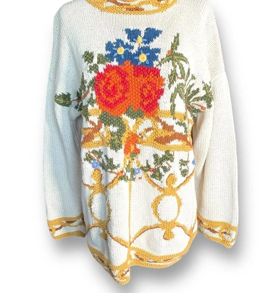 Vintage Lizi Ruch Cream Floral Embroidered Mock Neck Neutral Pullover Sweater Red - Image 3