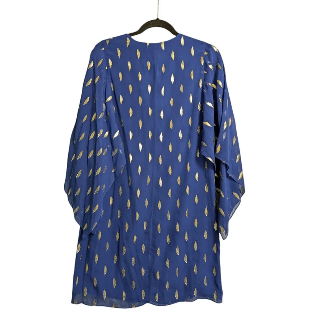 Lilly Pulitzer Blue Shalynn Silk Caftan Dress V Neck Gold Feather Size 2 - Image 5