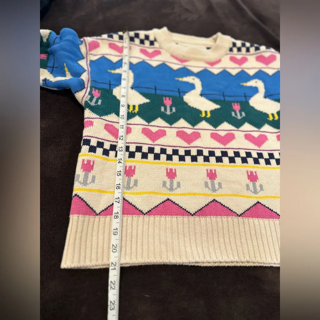 Kina & Tam Sz: XS Duck Goose Heart Flower Cottagecore Warm Winter sweater Blue - Image 3