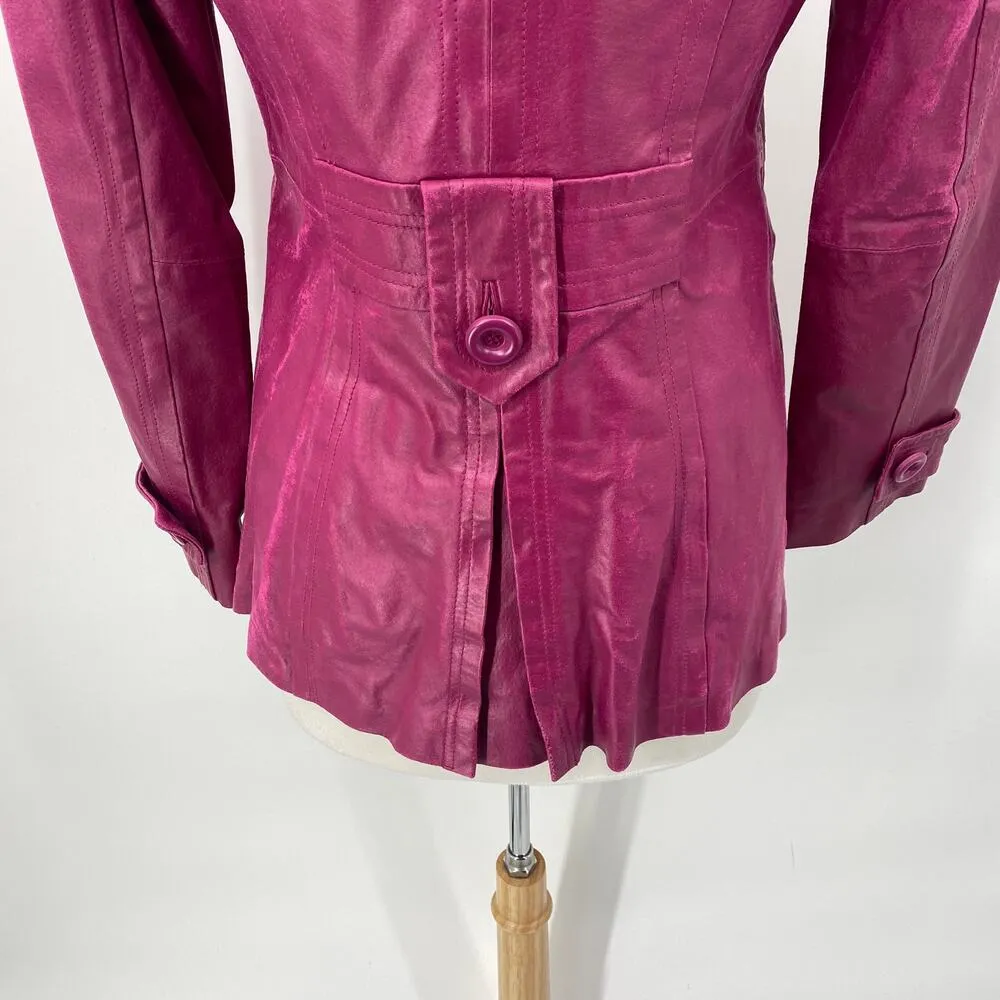 Vintage Leather Jacket Single Breasted Button Down Collared Purple Magenta XS - Image 8