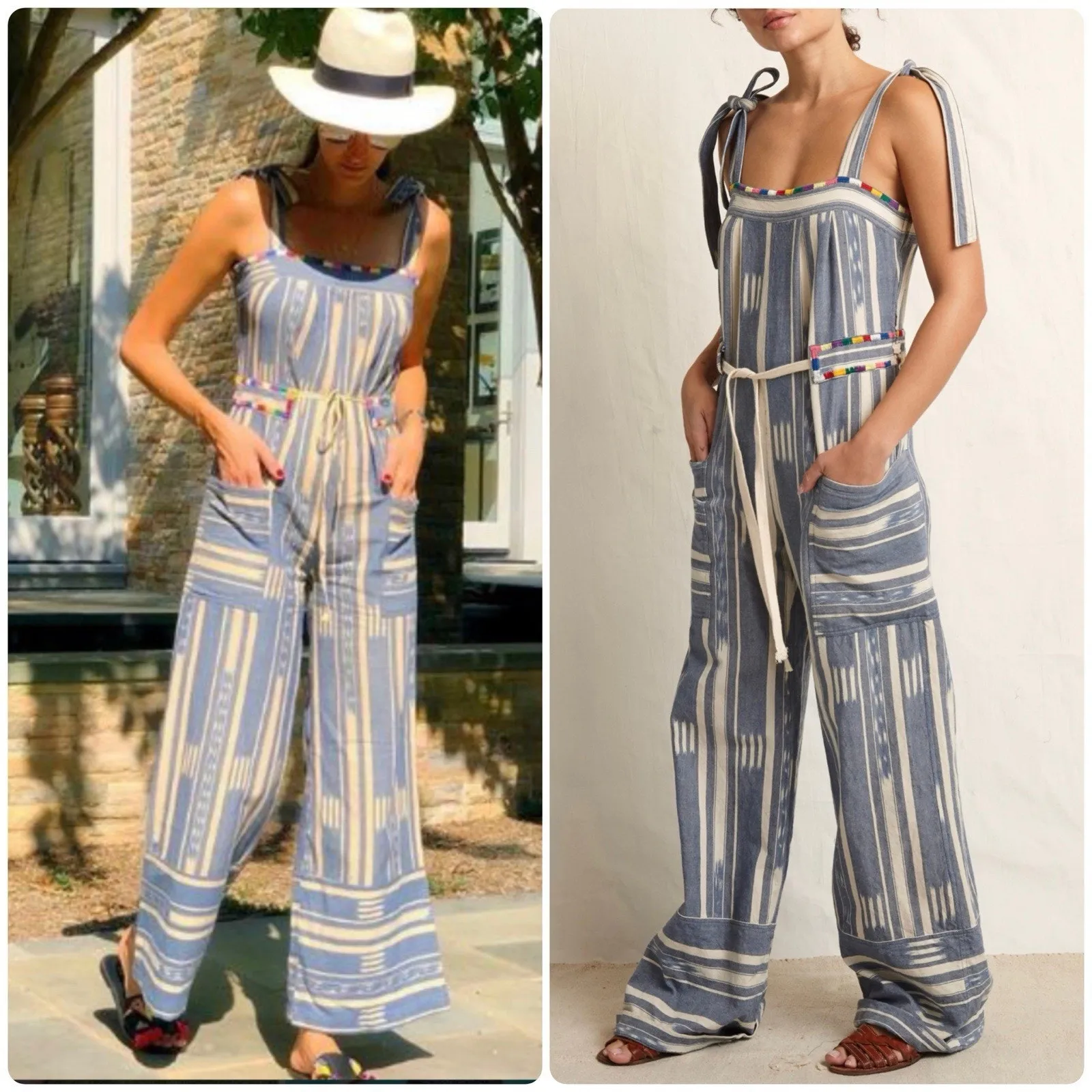 WARM Jessie Jumpsuit Boho Embroidered Striped 100% Cotton Wide Leg Romper Sz XS Blue - Image 3