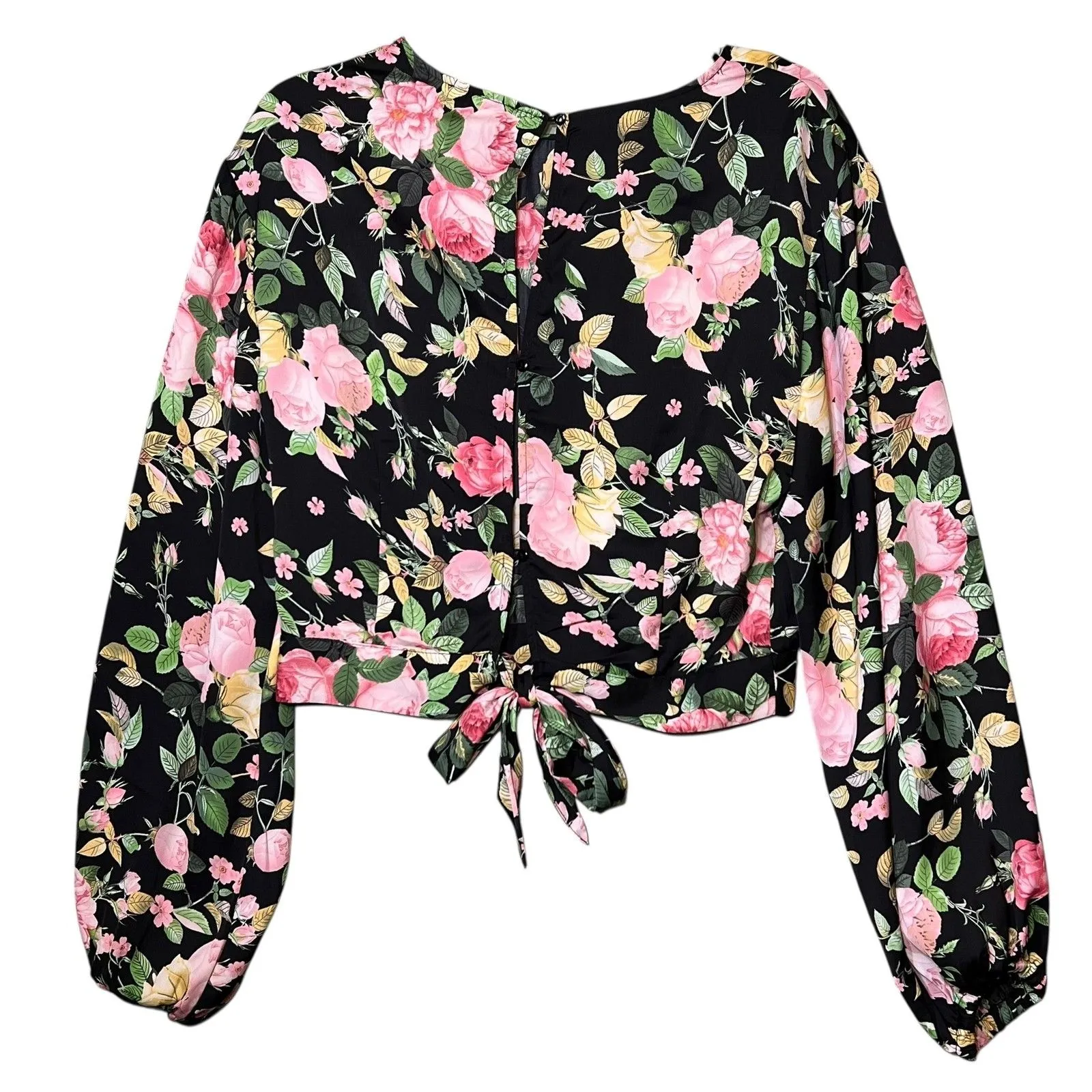 Bleuh Ciel Shirt Womens Large Black Floral Tie Front Balloon Sleeve Blouse Boho - Image 3