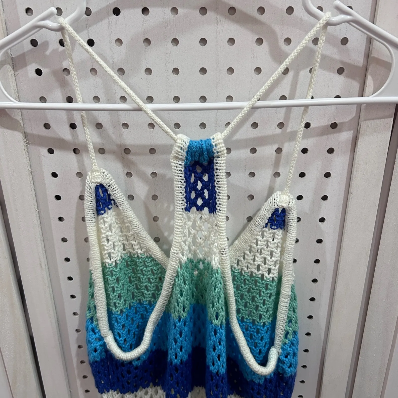 Venus Striped Crochet Dress Cover Up Blue Green White Racerback L XL Beach - Image 9