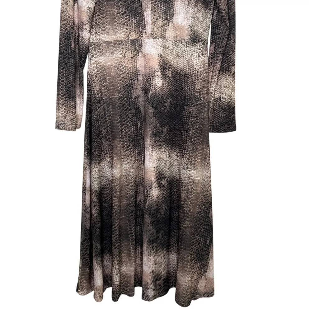 Zara Snakeskin Long Sleeve V Neck Button Down Midi Dress Stretchy M Beige Brown - Image 7