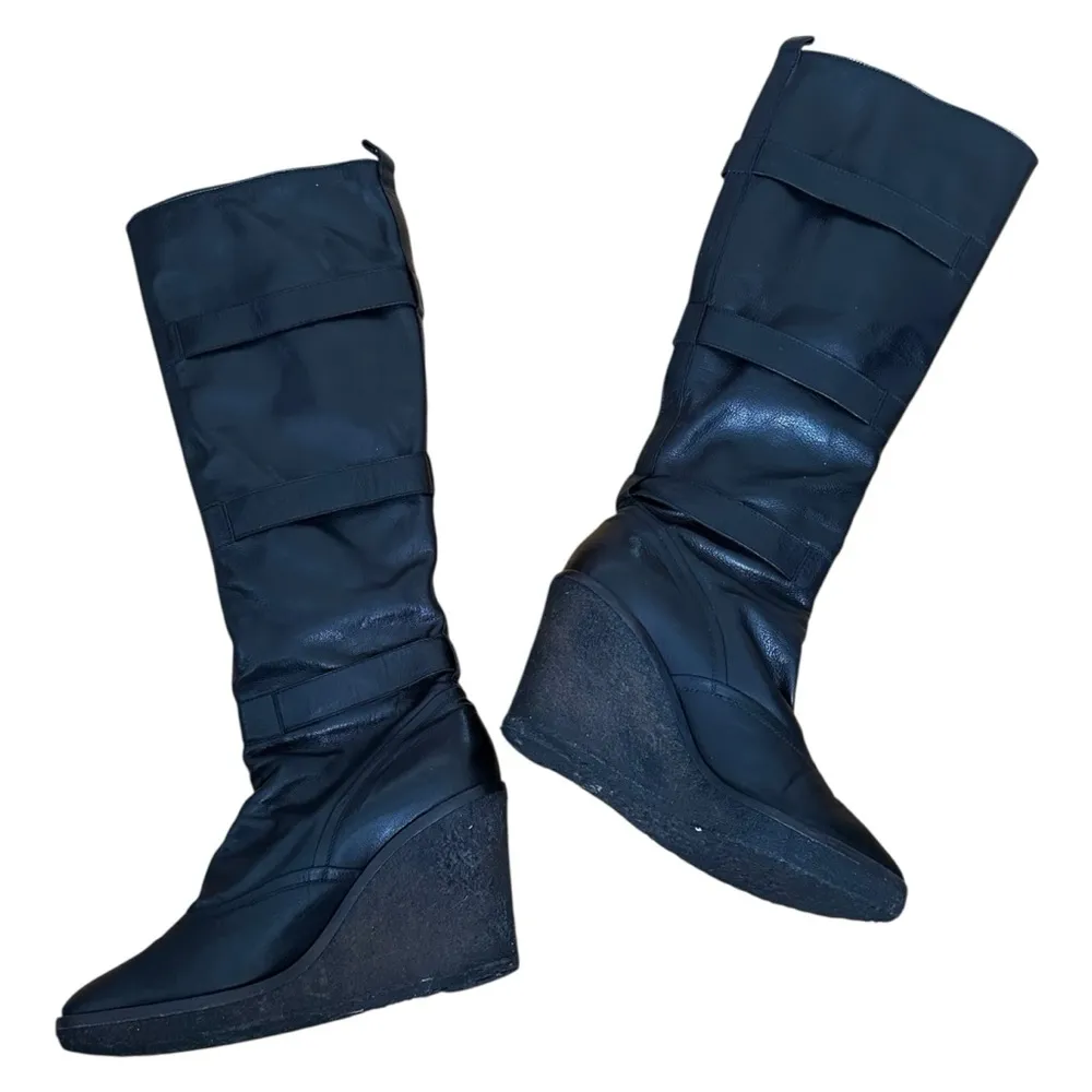 Saint Laurent YSL Vintage Tall Leather Buckle Wedge Boots Size 39/9 Black - Image 4