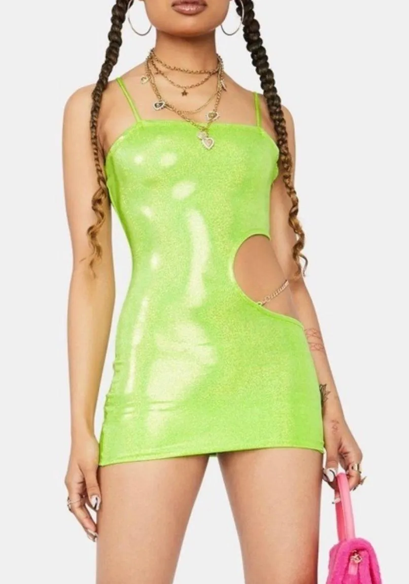 K Too Sparkle Shiny Shimmer Neon Lime Green Cutout Bodycon Mini Dress - Image 3