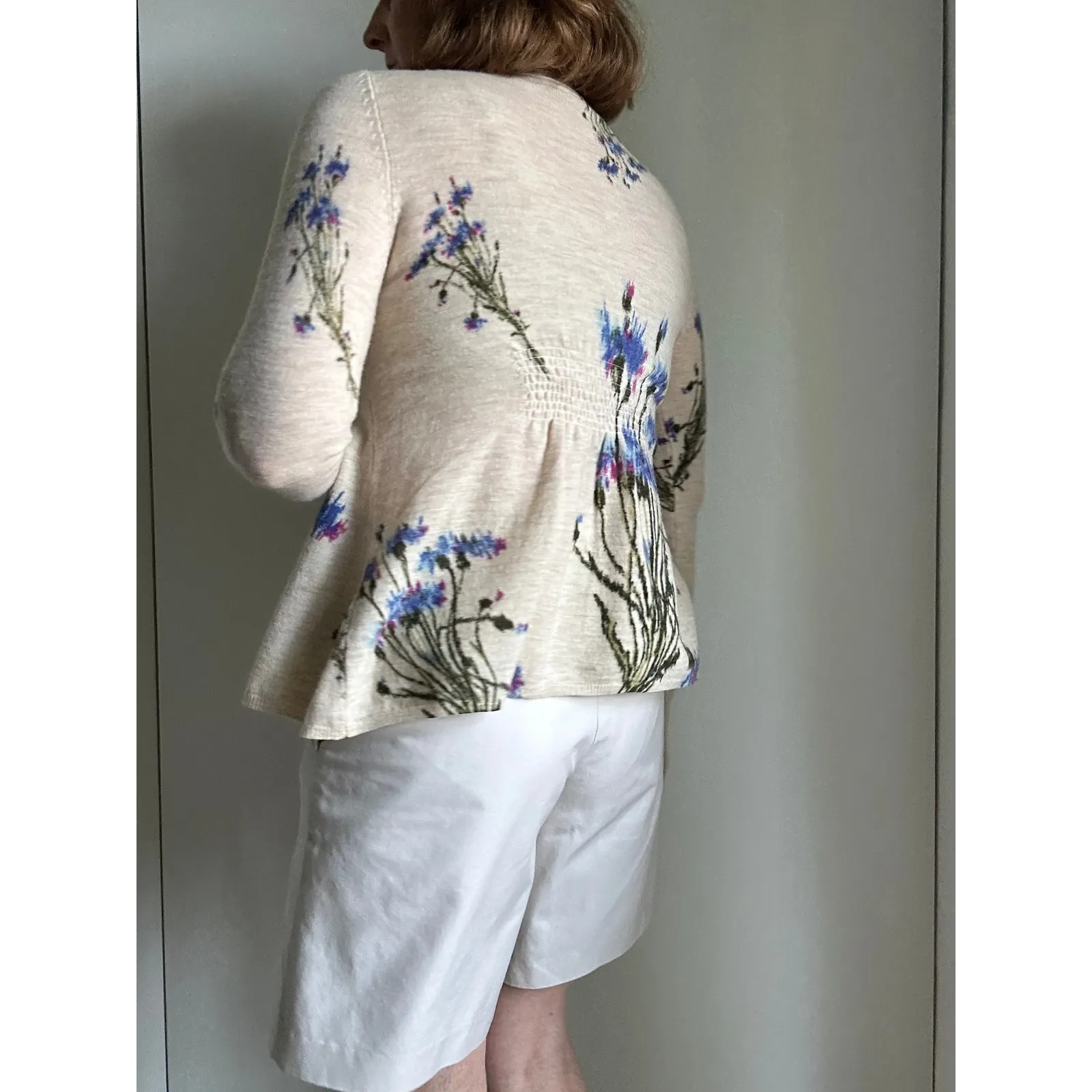 Knitted & Knotted Anthro Wool Cardigan Sweater Size Sm Open Neutral Floral Blue - Image 7
