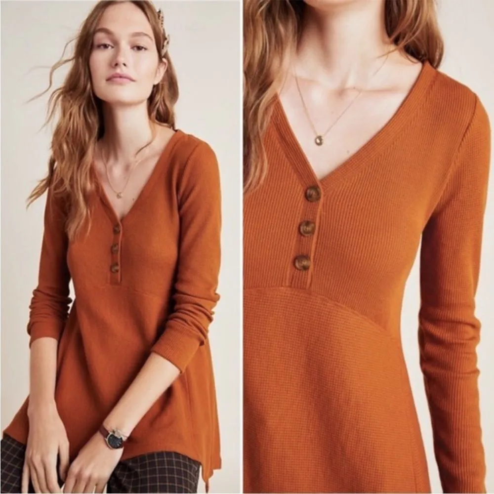 Maeve Anthropologie Eliza Henley Babydoll Tunic Thermal Shirt Burnt Orange Small - Image 2