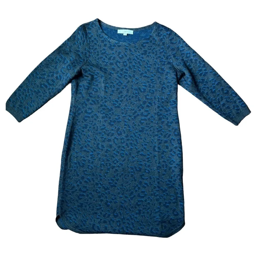 Ann Taylor LOFT Classic Grey Blue Leopard Knit Sweater Tunic Dress Petite Large - Image 13