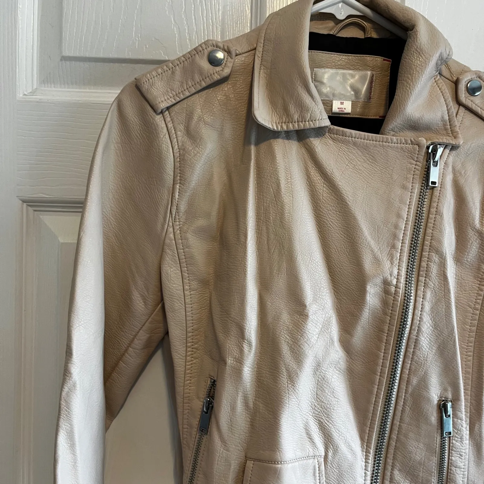 Faux Leather Motorcycle Biker Jacket with Belt Buckle - Beige Moto Bomber Size M - Image 2