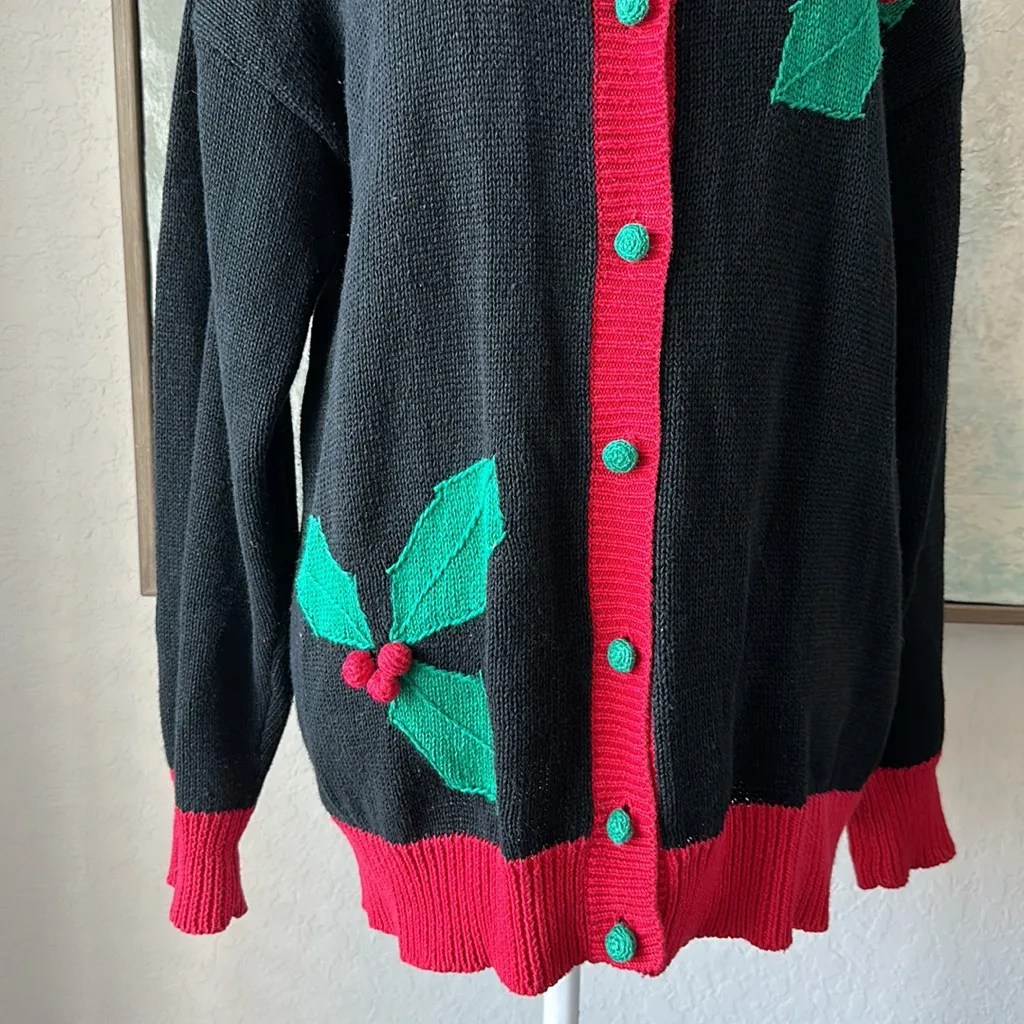 Vintage Bechamel Women’s Knitted Crochet Holiday Sweater Cardigan Size Medium Black - Image 6