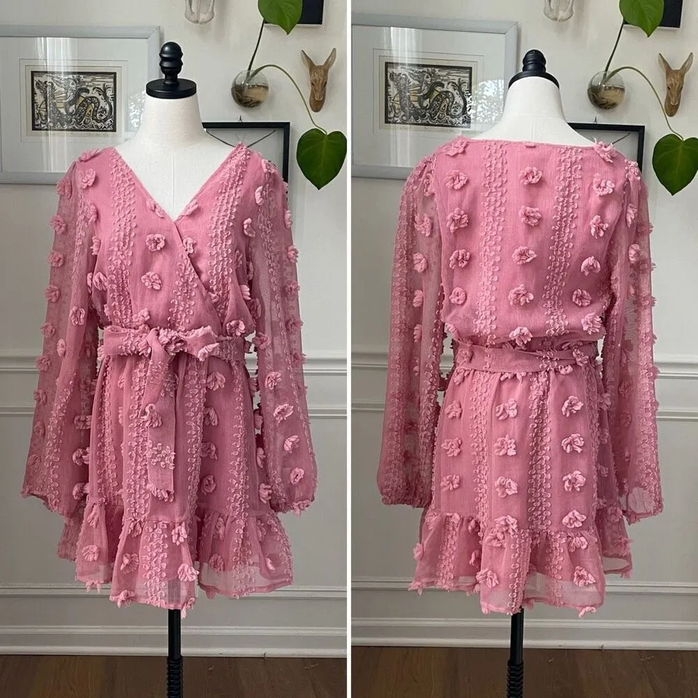 A.Calin Flying Tomato Pink Long Sleeve Pom Pom Mini Dress L - Image 2