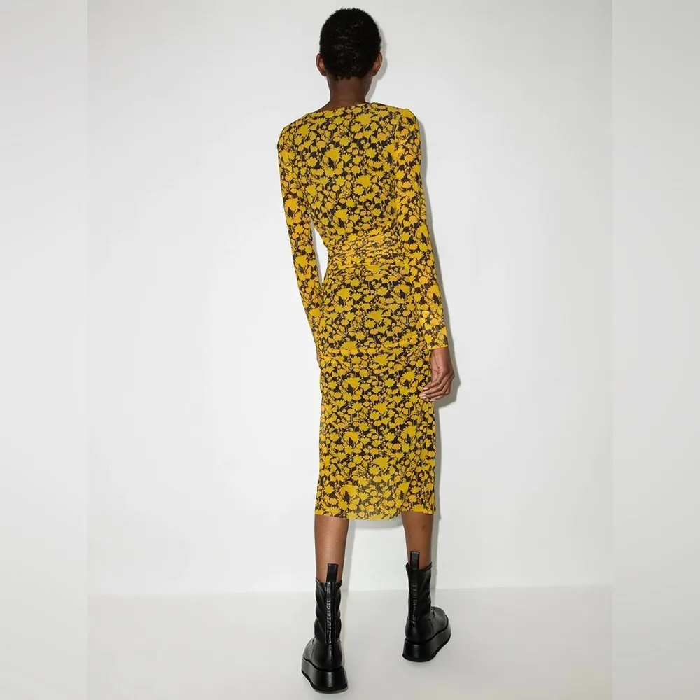 GANNI | FLORAL PRINT LONG-SLEEVE MIDI DRESS IN BLACK AND YELLOW - Image 7