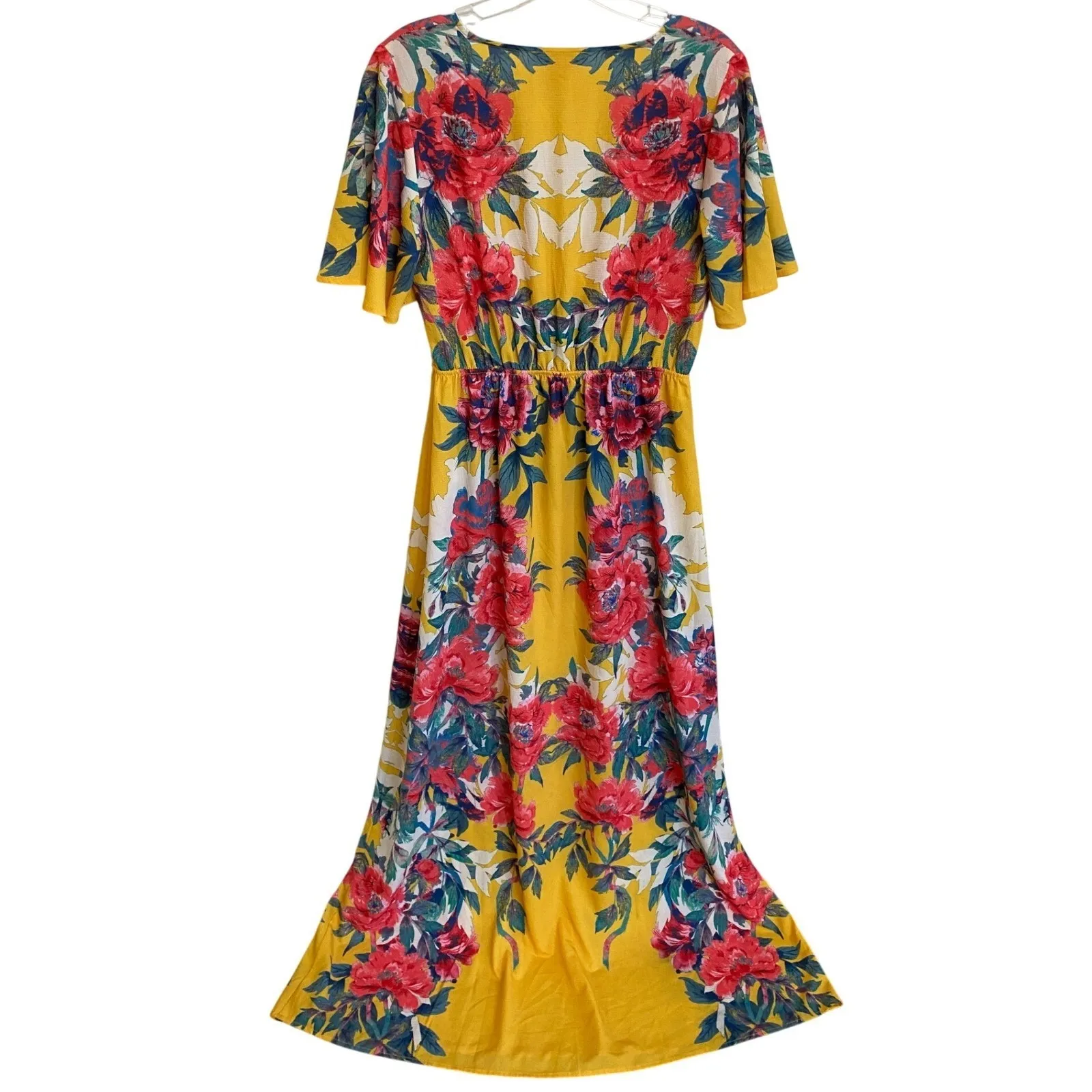 Flying Tomato Yellow Floral Maxi Dress Flutter Sleeve VNeck Bohemian Boho Size M - Image 8